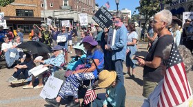 Bangor residents gather in West Market Square in downtown Bangor for a "Workers over Billionaires" rally on Labor Day, 2025.