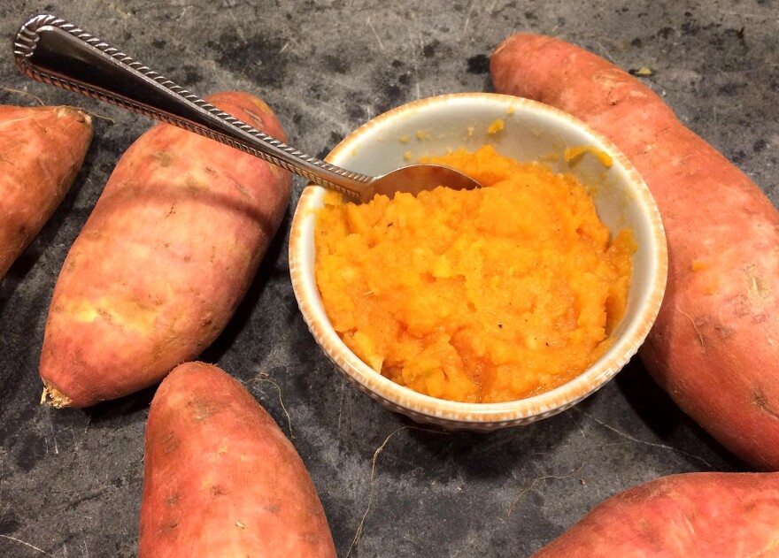 Kathy's sweet potato puree with maple, ginger, nutmeg and apple cider. (Kathy Gunst for Here & Now)