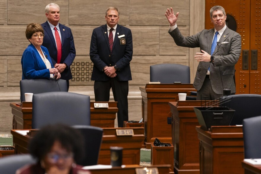 Then-Sen. Bill Eigel, R-Weldon Spring, at right, was a leader of the effort in 2022 draw a congressional map with seven Republican seats and one Democratic seat. He left office after the 2024 session.
