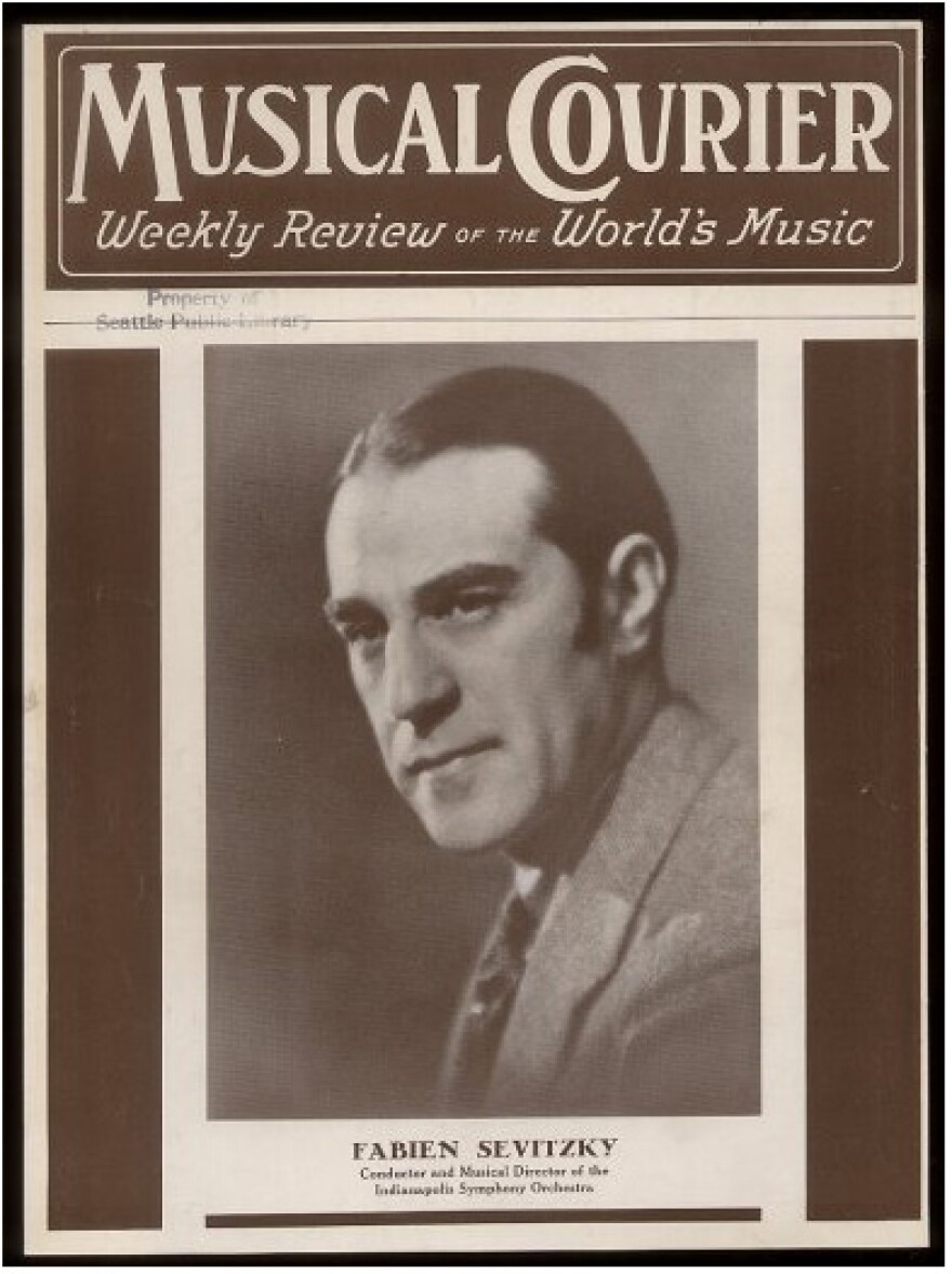 Vintage cover of Musical Courier magazine featuring a black and white portrait of conductor Fabien Sevitzky.