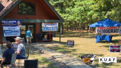 Signs promote Democratic candidates on the November ballot outside a cabin at Mount Nebo State Park during the park’s annual chicken fry on Aug. 29, 2026.