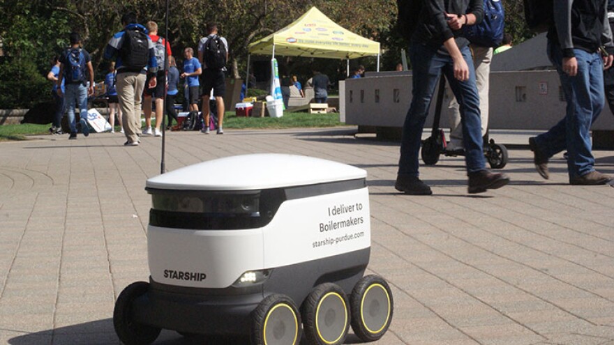 Starship Technologies shows one of company's delivery robots on Purdue University's campus.