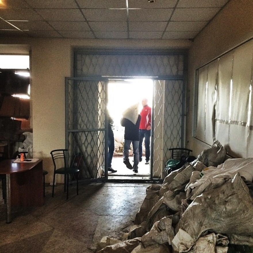 A view from inside the Horlivka police headquarters, which was seized by protesters.