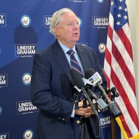 Republican Sen. Lindsey Graham speaks with members of the Columbia press on Jan. 27, 2024.