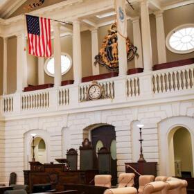 The public gallery balconies inside the Senate Chamber of the Massachusetts State House.