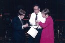 Warren looks over a speech with Giuliani.
