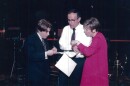 Warren looks over a speech with Giuliani.