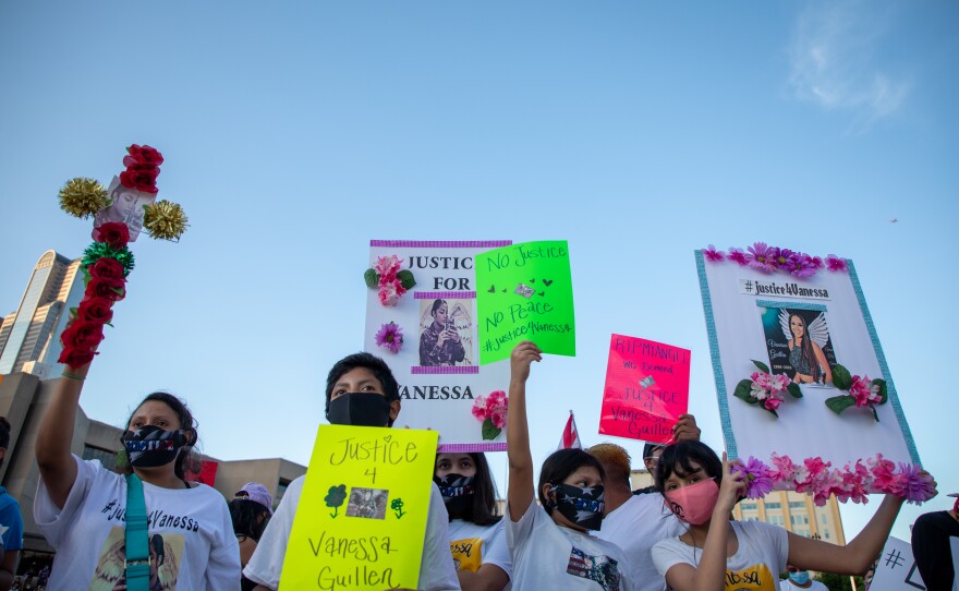 People gathered at a vigil to demand justice for Vanessa Guillén, at Dallas City Hall, on July 7.