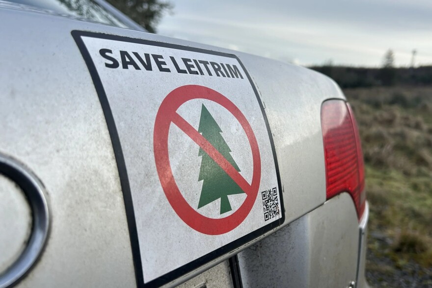 A bumper sticker for “Save Leitrim,” the grassroots group in County Leitrim protesting Sitka spruce plantations.