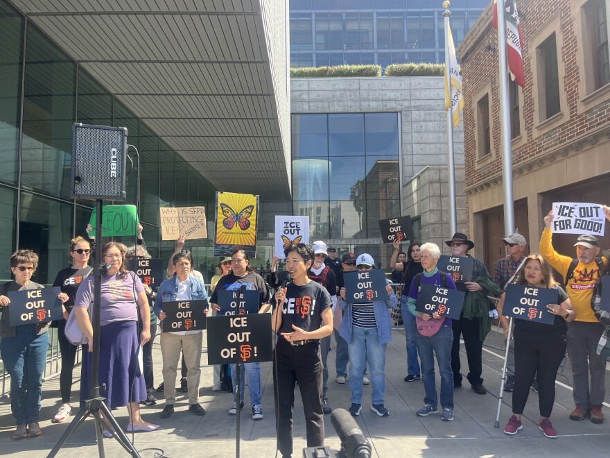 Community members protest outside of SFPD's headquarters. 
