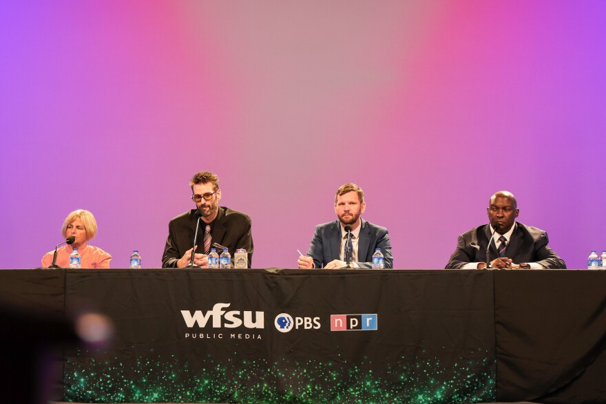 Former Democratic State Senator Loranne Ausley, IT Entrepreneur Michael Foust, Tallahassee City Commissioner Jeremy Matlow and civil rights attorney Daryl Parks participate in a Tallahassee Mayoral race candidate forum at WFSU Studios hosted by the Capitol Region News Collaborative and the League of Women Voters of Tallahassee.