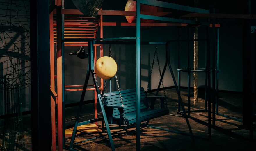 photograph of wooden swing bench from "Stars Falling" by Todd Slaughter and Melissa Yes