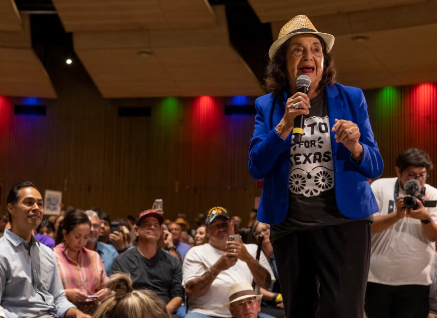 Dolores Huerta speaks at a campaign event for gubernatorial candidate Beto O’Rourke in 2022. The Mexican American labor leader and civil rights activist has died at the age of 96.
