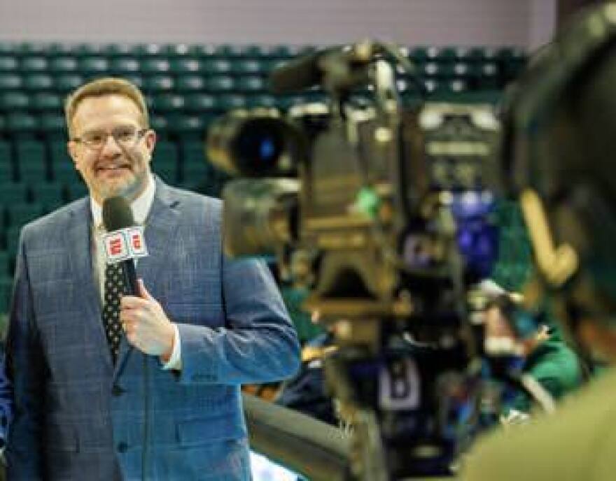 Ryan Wooley announces during ESPN's broadcast of the EMU basketball game vs. Toledo.