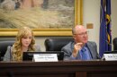 Rep. Candice Pierucci and Sen. Scott Sandall, the Republican co-chairs of the Legislative Redistricting Committee, during a morning hearing before the Legislature's special session, Oct. 6, 2025.