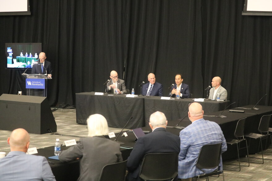 University of Kentucky President Eli Capilouto leads a panel with University of Louisville President Gerry Bradley, businessman Joe Craft, Louisville Mayor Craig Greenberg and One Louisville Chief Executive Trevor Pawl on September 18, 2026. The panel discussed the future of workforce development in the Commonwealth.