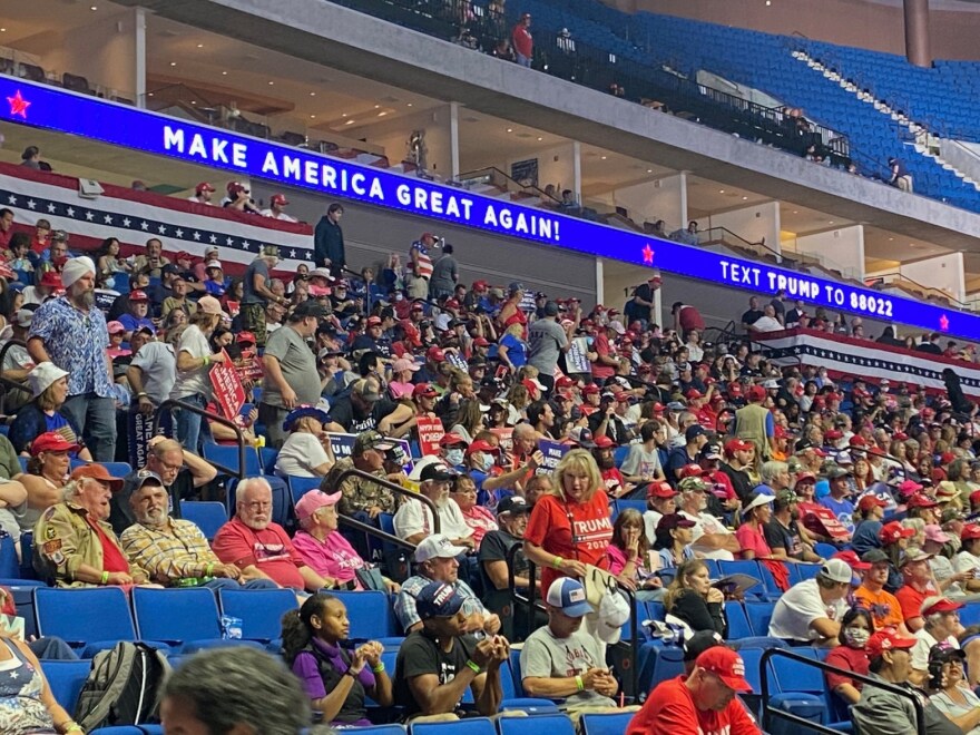 A few hours before President Donald Trump’s scheduled arrival, the growing crowd in the BOK Center awaits. Relatively few are wearing masks.