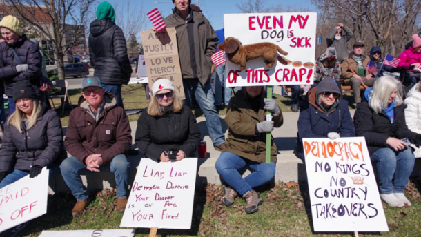 Demonstrators at the No Kings protest in Hastings, Saturday, March 28, 2026.