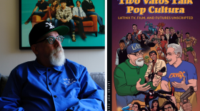 Peter Murrieta, author of "Two Vatos Talk Pop Cultura." On the left, Murrieta is wearing a baseball cap and long sleeve blue shirt. He is sitting on a couch in front of a poster and looking to the right. On the right, is the "Two Vatos Talk Pop Cultura" cover, which showcases a variety of Latinx characters in pop culture with Murrieta and the book's co-author, Frederick Luis Aldama, in the center. 