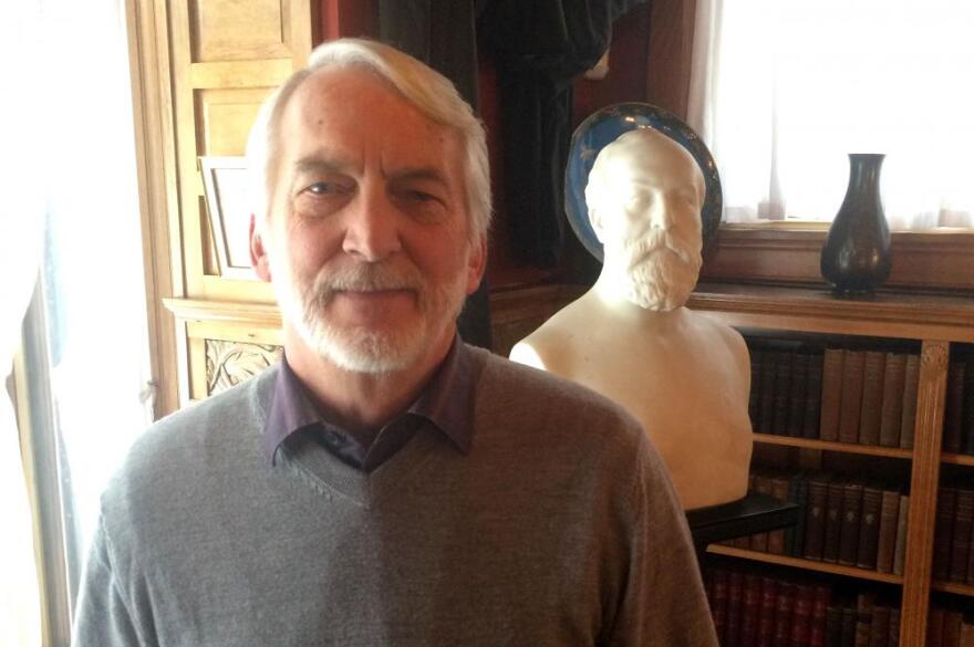 Tim Garfield  in his great, great grandfather's memorial library at the president's historic site in Mentor