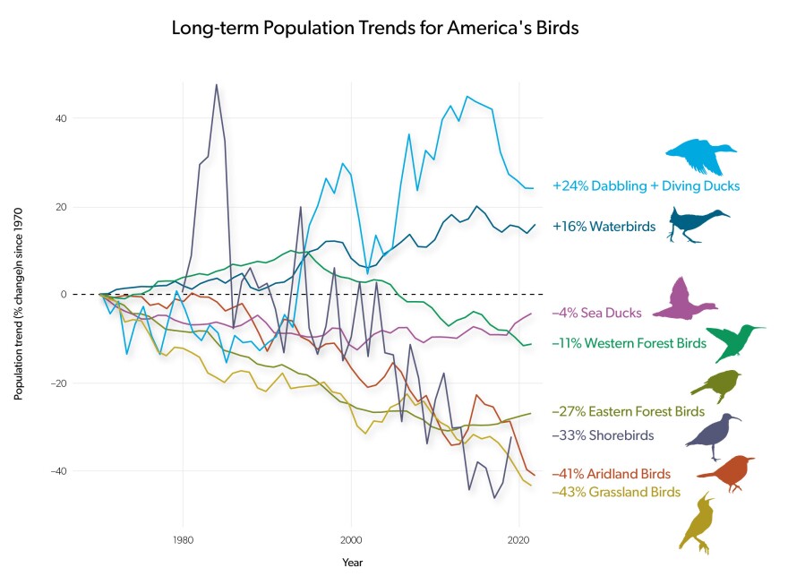 A chart shows how birds in eight different biomes have declined over the past 50 years. Aridland birds and grassland birds saw the biggest drops with more than 40% of bird populations lost.