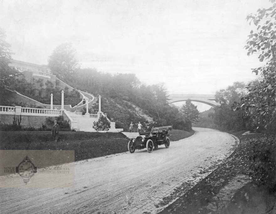 View of Lake Park pavilion and bridge