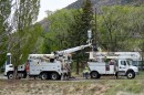 An APS crew repairs a broken power pole in east Flagstaff on Wed, April 22, 2026. It was the same day the utility shut off power for about 6,000 customers in the Flagstaff area during heavy winds and high wildfire danger.