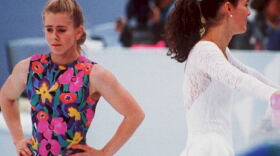 Tonya Harding and Nancy Kerrigan avoid each other during a training session for the 1994 Olympics.