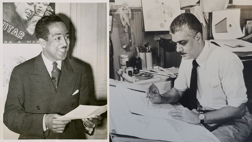 Poet Langston Hughes reading from a piece of paper side by side image of artist Elmer W. Brown at drafting table