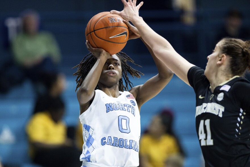 North Carolina's Shayla Bennett (0) shoots over Wake Forest's Elisa Penna (41) during the second half of an NCAA college basketball game in Chapel Hill, N.C., Thursday, Jan. 17, 2019.