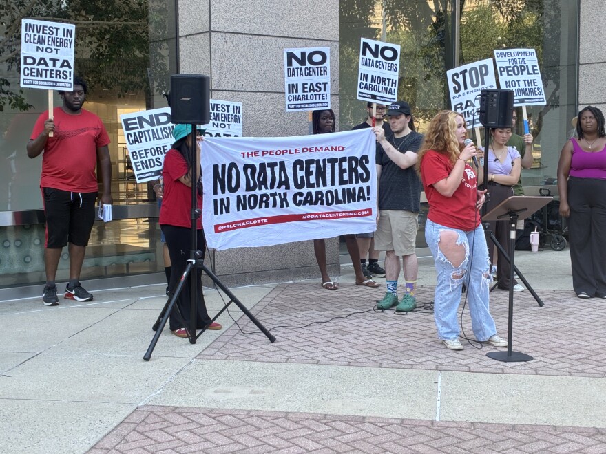 Protesters gather in front of the Charlotte-Mecklenburg Government Center.