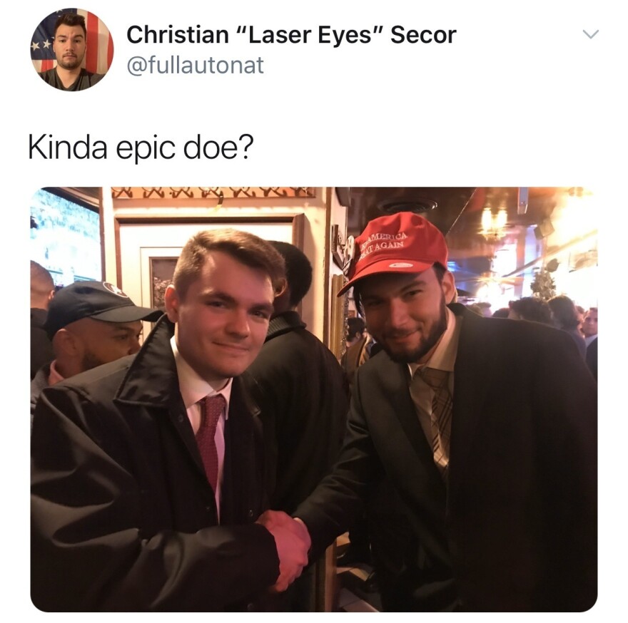 Nick Fuentes (left) shakes hands with Christian Secor (right) in a photo cited by the Department of Justice in its criminal case against Secor. Fuentes is a far-right extremist podcaster who has repeatedly engaged in Holocaust denial. A student activist at UCLA saved the photo from Secor's Twitter feed, which has since been deleted.