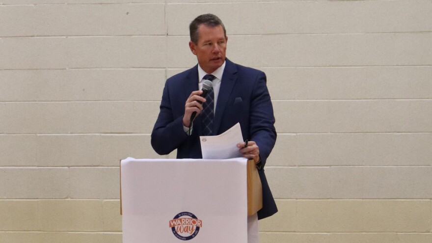 Clark-Pleasant Superintendent Patrick Spray speaks at at Grassy Creek Elementary School in Greenwood on Tuesday, Nov. 22, 2022. Spray was named as the next superintendent of Perry Township Schools in Marion County on Monday, March 22, 2023.