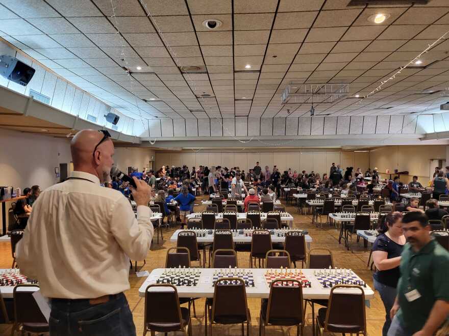 Sacramento Valley Scholastic Chess League Director Steven Oberlander speaks before the league tournament on Sept 18, 2024 in Chico, Calif.