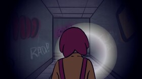 An animated person going down a dark hallway with only a flashlight.