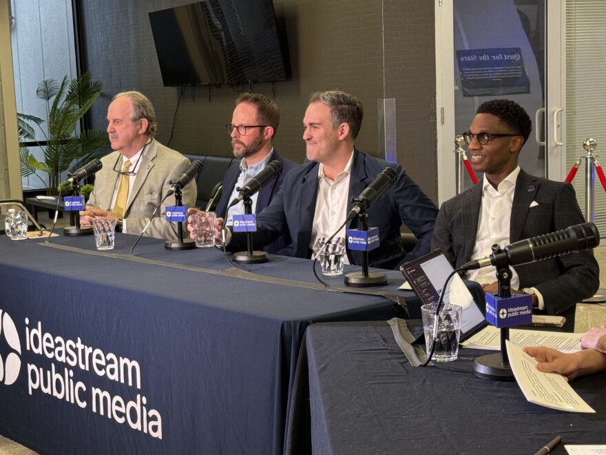 (from left to right) Northeast Ohio Pilots Association President Ned Parks, Council Member Charles Slife, North Coast Waterfront Development Corporation Executive Director Scott Skinner and Mayor Justin Bibb speak at a public forum about the future of Burke Lakefront Airport.