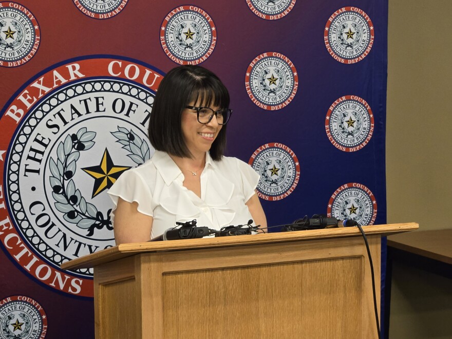 New Bexar County Elections Administrator Michele Carew speaks to reporters on her first day on the job at election headquarters on Mar. 3, 2025