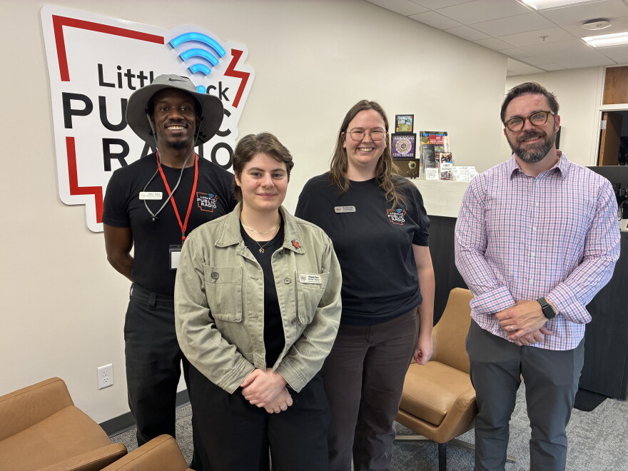 (From left) LRPR Membership Coordinator Blake Givens, Contributing Editor Maggie Ryan, All Things Considered Host Christian Leus and General Manager Jonathan Seaborn.