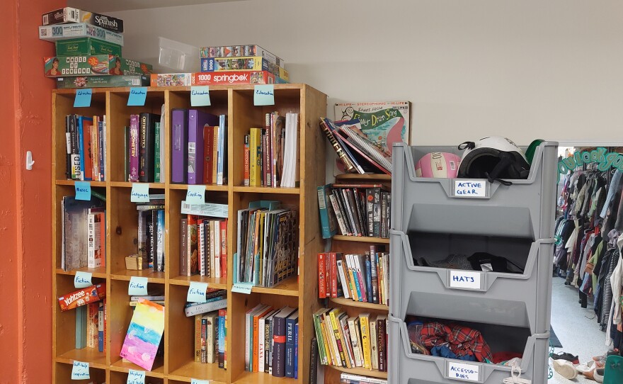 Books available inside Swoop's Food Pantry.