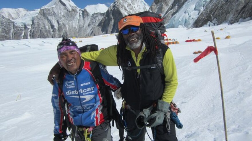 Phil with a friend at Camp 1, Everest.