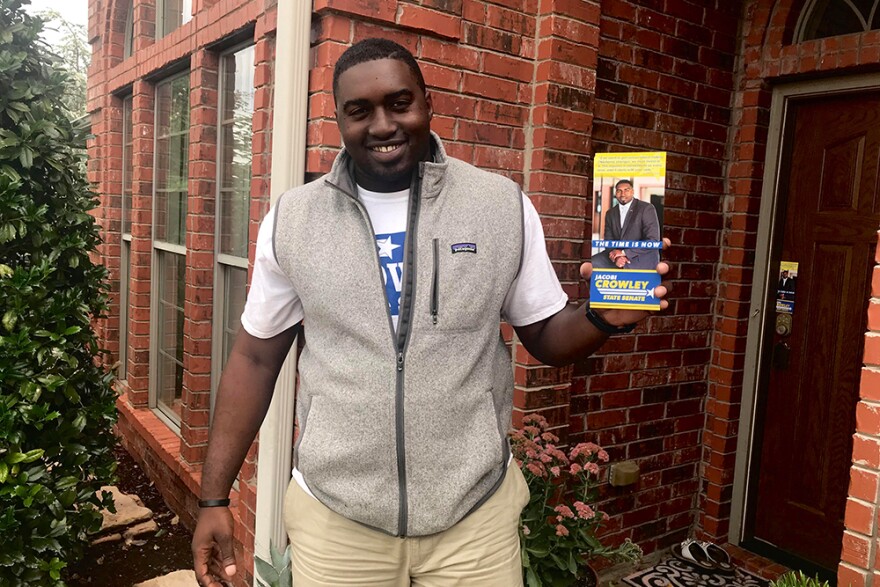 Democrat Jacobi Crowley goes door-to-door in Lawton on September 22, 2018, hoping to win Senate District 32.