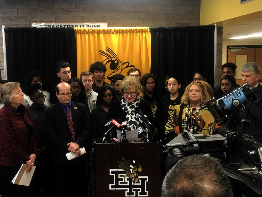 Fran Rabinowitz, the president of the Connecticut Association of Public School Superintendents, called for changes to gun legislation Thursday at East Hartford High School. She was supported by student leadership at the school.
