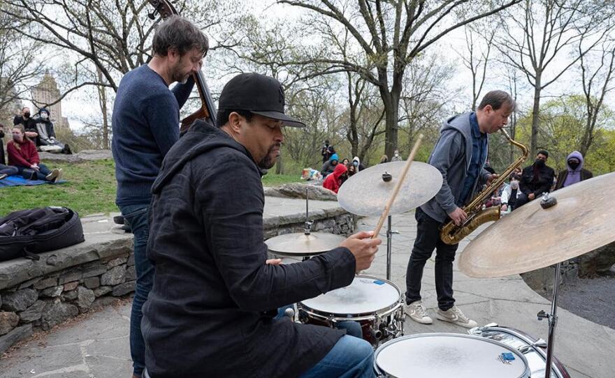 The Chris Potter Trio, with Joe Martin and Nasheet Waits, on Summit Rock in Central Park on April 17, 2021.