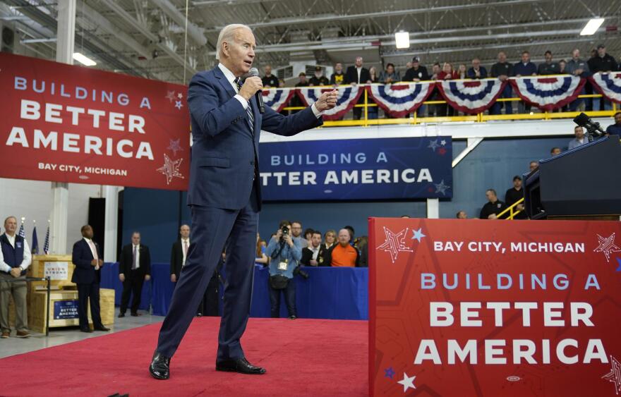 President Joe Biden speaks about manufacturing jobs and the economy at SK Siltron CSS, a computer chip factory in Bay City, Mich., Nov. 29, 2022. Biden is traveling to Arizona on Tuesday, Dec. 6.