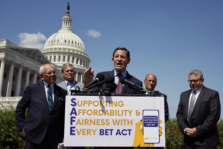 (L-R) Rep. Paul Tonko (D-NY), Gordon Douglas, Sen. Richard Blumenthal (D-CT), Northeastern University Public Health Advocacy Institute (PHAI) Gambling Policy Adviser Harry Levant and PHAI Executive Director Mark Gottlieb hold a news conference outside the U.S. Capitol on September 12, 2024 in Washington, DC. Tonko and Blumenthal introduced the Supporting Affordability and Fairness with Every Bet Act (SAFE BET Act) which would limit advertising when children may be watching, limit celebrity involvement in advertising, limit daily account deposits and limit the use of artificial intelligence by sportsbook companies.