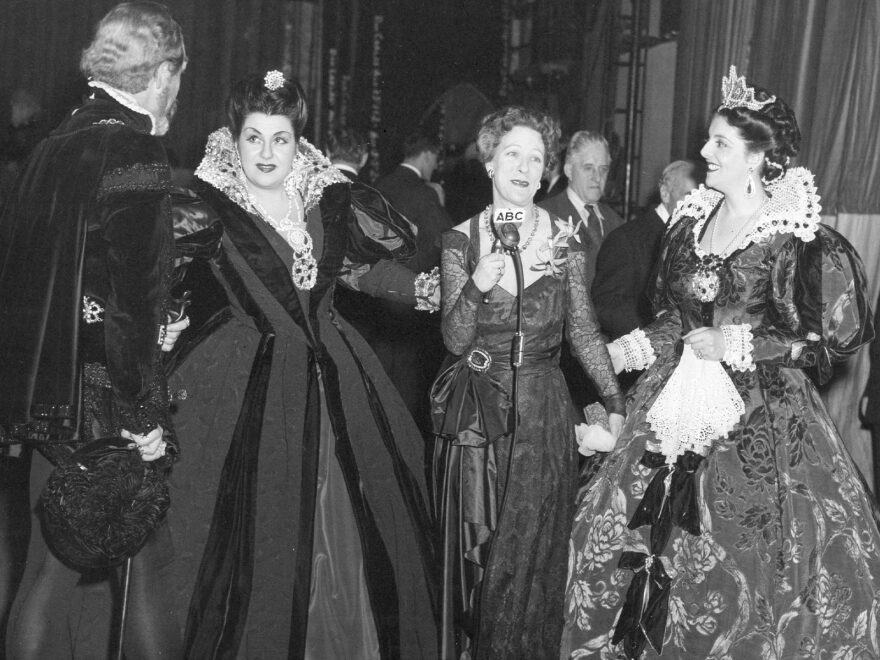 From left to right: Bass Cesare Siepi, mezzo-soprano Fedora Barbieri, theater director Margaret Webster, and soprano