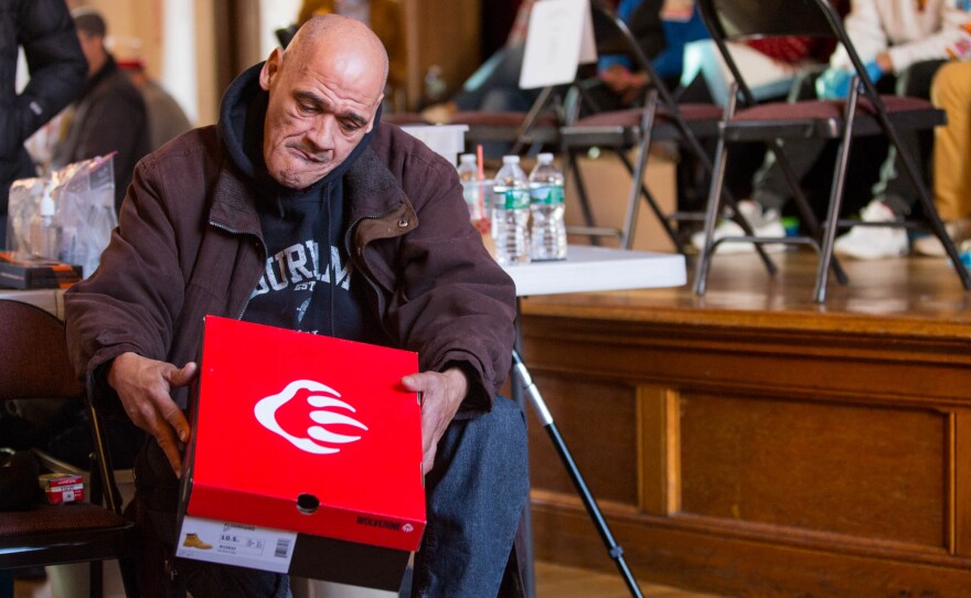 Jimmy Crespo of Hartford received a new pair of Wolverine boots as part of a winter charity effort put together by Footwear With Care. That nonprofit held a 'Winter Boot Party' in Hartford Saturday, December 8, 2018.