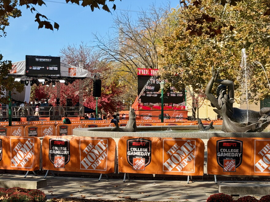 ESPN College GameDay preparing for Saturday morning's show at Showalter Fountain.