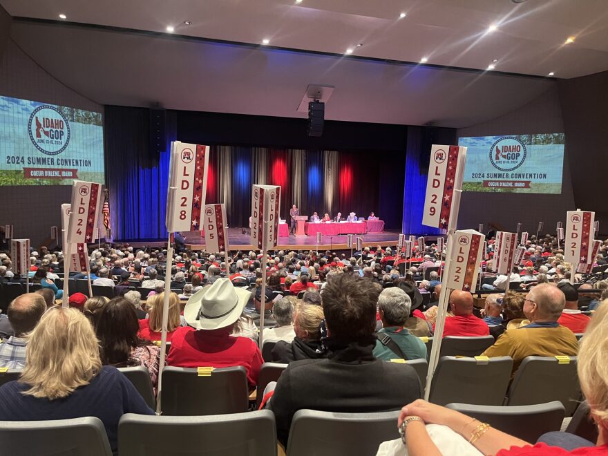 Delegates at the 2024 Idaho Republican State Convention prepare to vote for party leadership races Saturday at North Idaho College.
