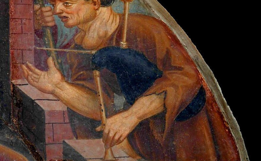 Found it! The shepherd who gladdens the Holy Family with his bagpipe in the 16th-century Nativity fresco over the main door of the Aosta Cathedral has the swollen throat typical of a greatly enlarged thyroid gland.